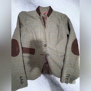 Merona Green Brown Cord Trim Elbow Equestrian Plaid Blazer Jacket XS X Small